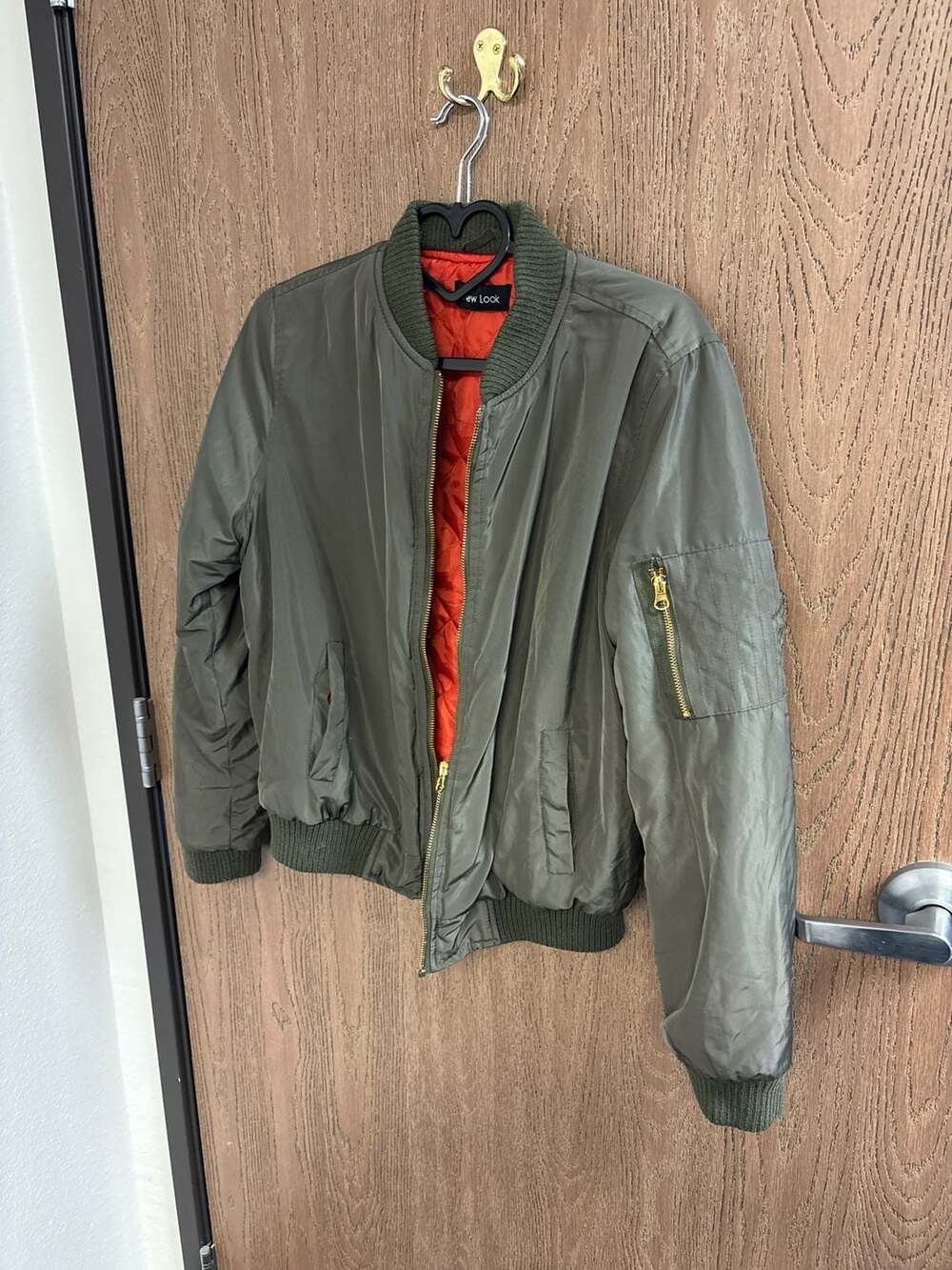 New Look Olive Green MA-1 Bomber Jacket with Orange red Lining Size L